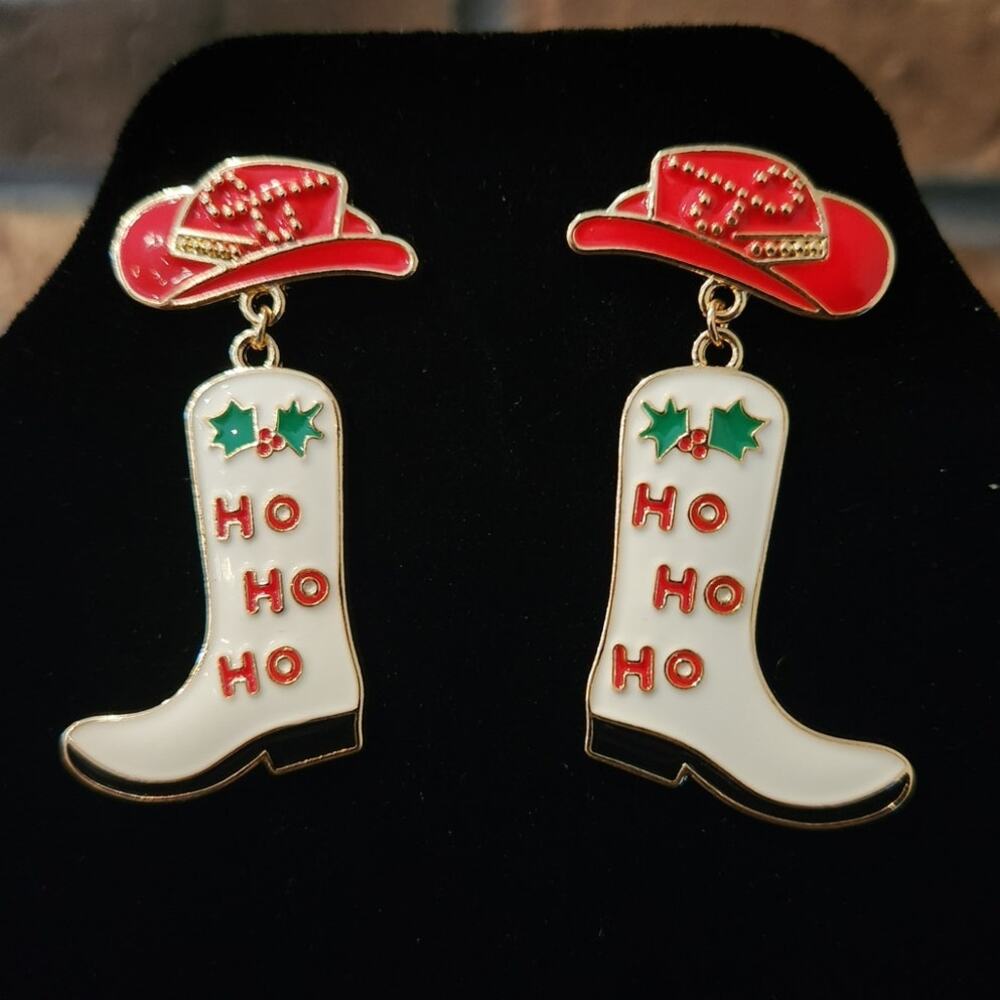 Christmas Cowboy Boots & Hat Earrings White Boots & Red Hat